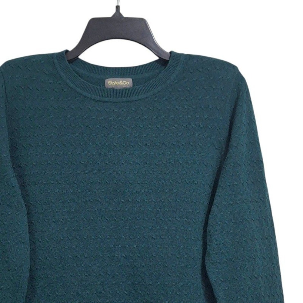 Style Co Sweater M L Green Cotton Textured Pullover Crew Neck Classic Casual
